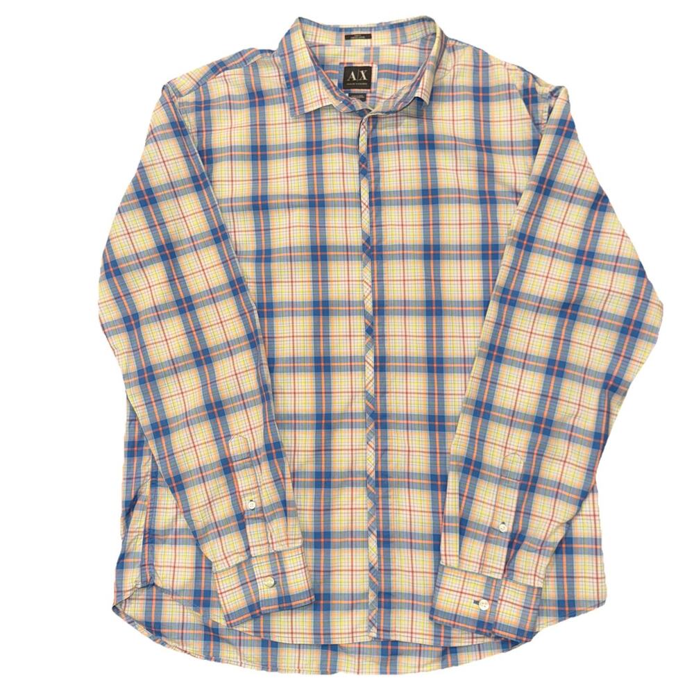 Armani Exchange Shirt Mens XL Plaid Blue Orange Yellow Slim Fit Button Up